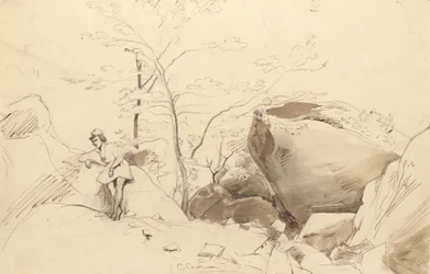 Fontainebleau, figure appuyée contre un rocher